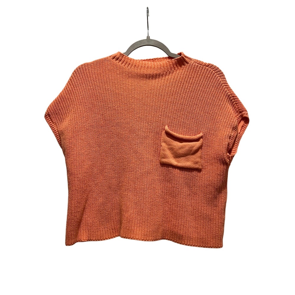 ZENANA Orange Knit Sweater Top Short Sleeve Pocket M
